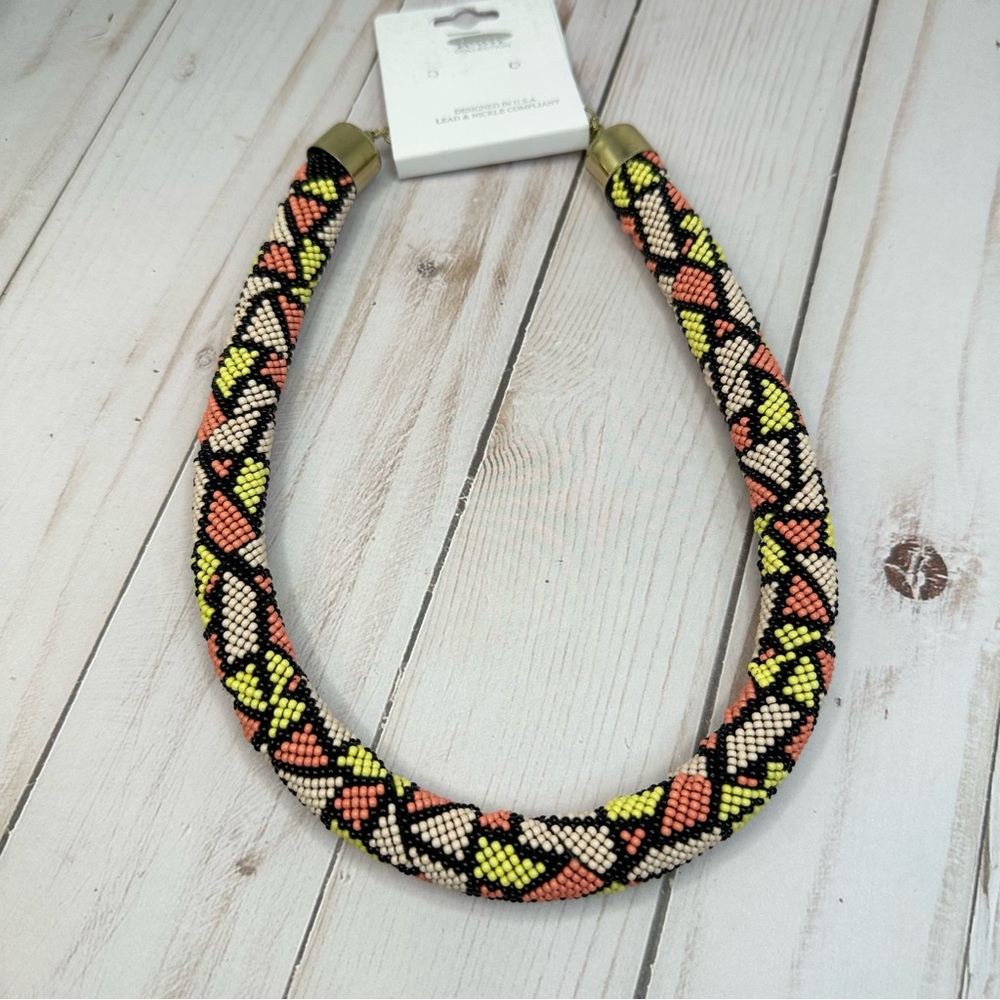 Seed Bead Geometric Design Tube Necklace Pink Yellow - Picture 2 of 3